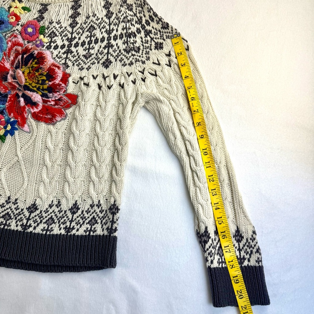 Anthropologie Cream Cable-Knit Sweater with Floral Embroidery - Picture 5 of 15